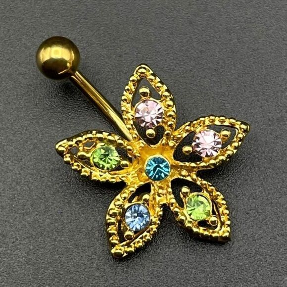 316L Stainless Steel with Multocolored Cubic Zirconia Flower 14G Belly Ring - Picture 1 of 7